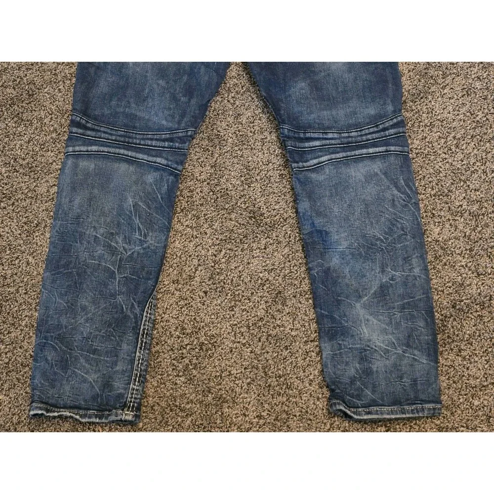 Rock Revival Rodrigo Men 34x30 Biker Moto Straight Thick Stitch Blue Jeans Flap